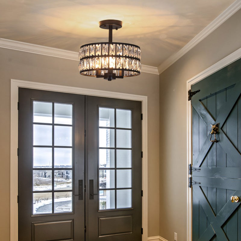 Crystal Drum Ceiling Light –  Glass Semi Flush Mount Lamp for Hallway