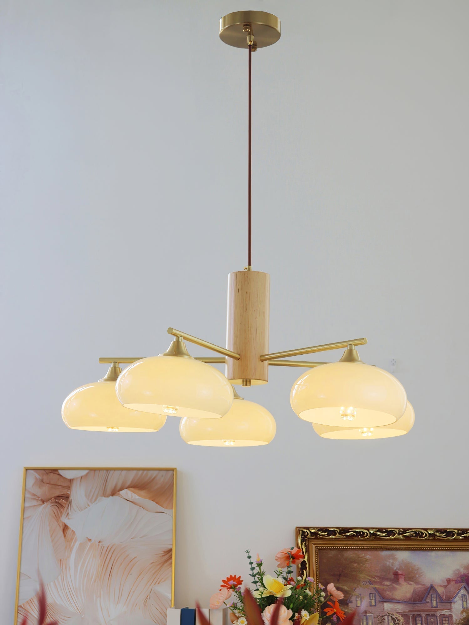 Bowl Shaped Multi - Head Chandelier With Wooden Decoration