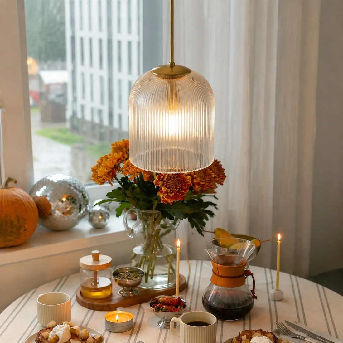 Bravira Ribbed Glass Pendant Light - Elegant Kitchen Island Lamp