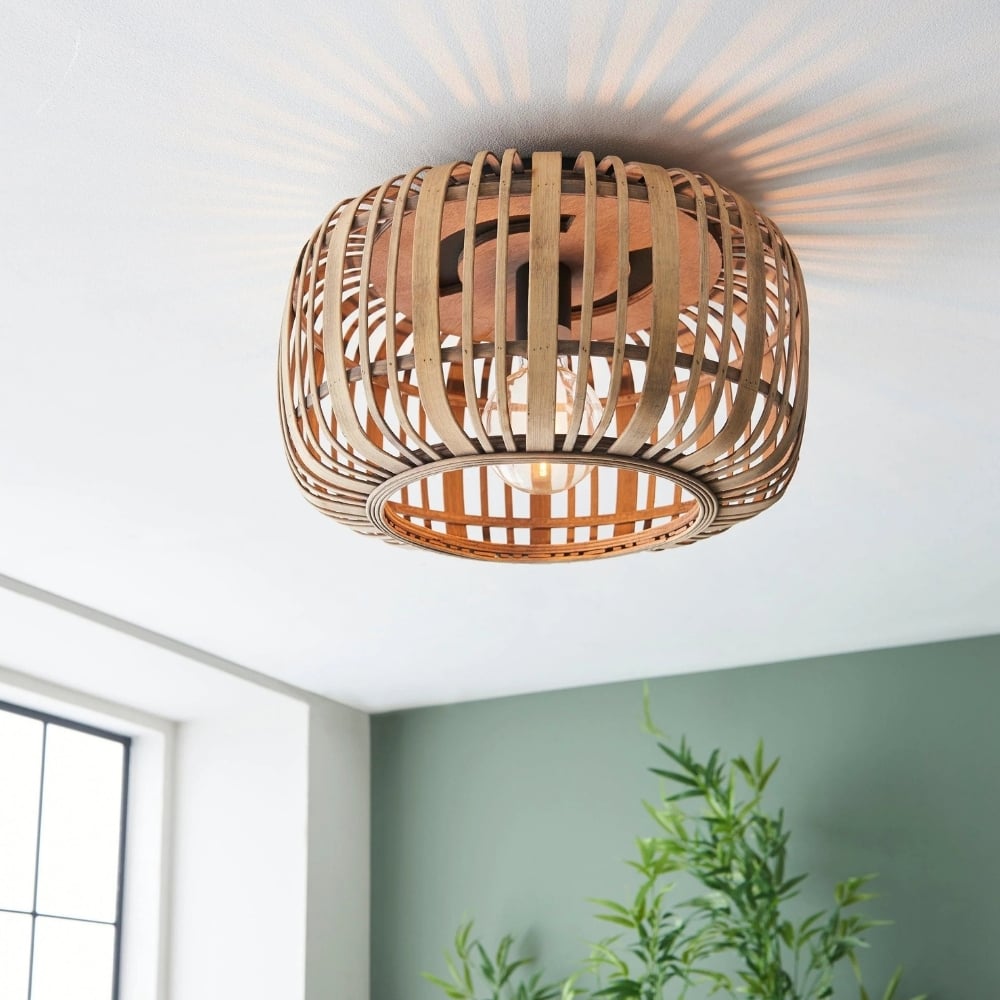 Yumeko Natural Bamboo Flush Ceiling Light - Organic Cage Design Sustainable for Living Room