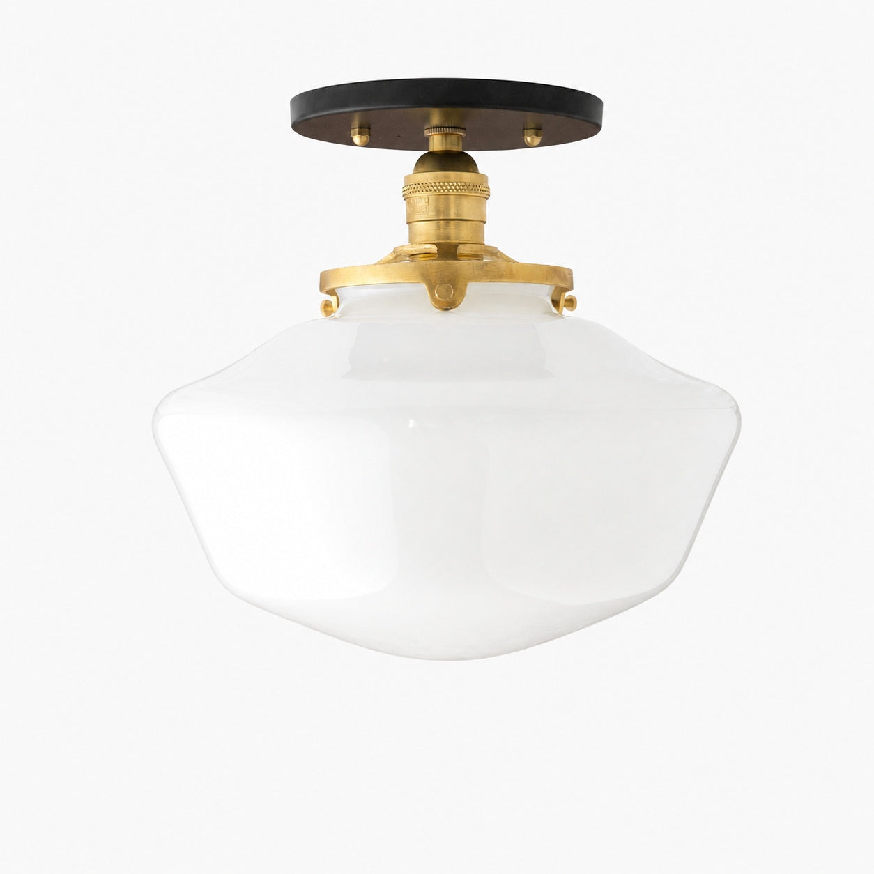 Geotower Glass Brass Ceiling Light - Opal Glass Schoolhouse Shade - Modern Elegance