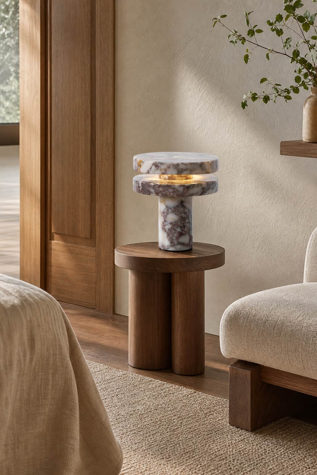 Modern Sculptural Table Lamp with Cylindrical Base Design for Bedroom Bedside and Living Room Use