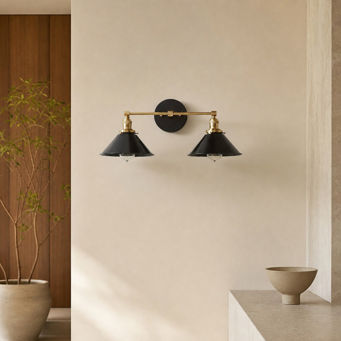 Conique Metal Dual Black Sconce with Cone Shades - Industrial Vanity Wall Light for Mirror