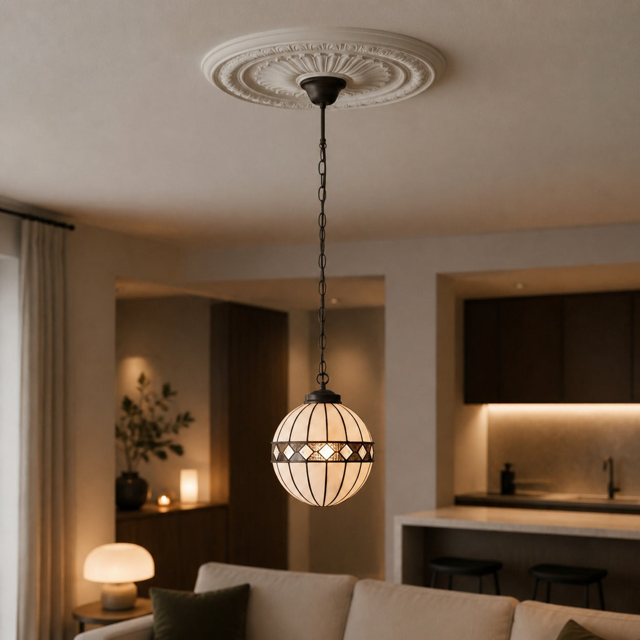 TF Fargo Tiffany Style Globe Pendant – Handcrafted Art Glass Sphere Light for Kitchen Island