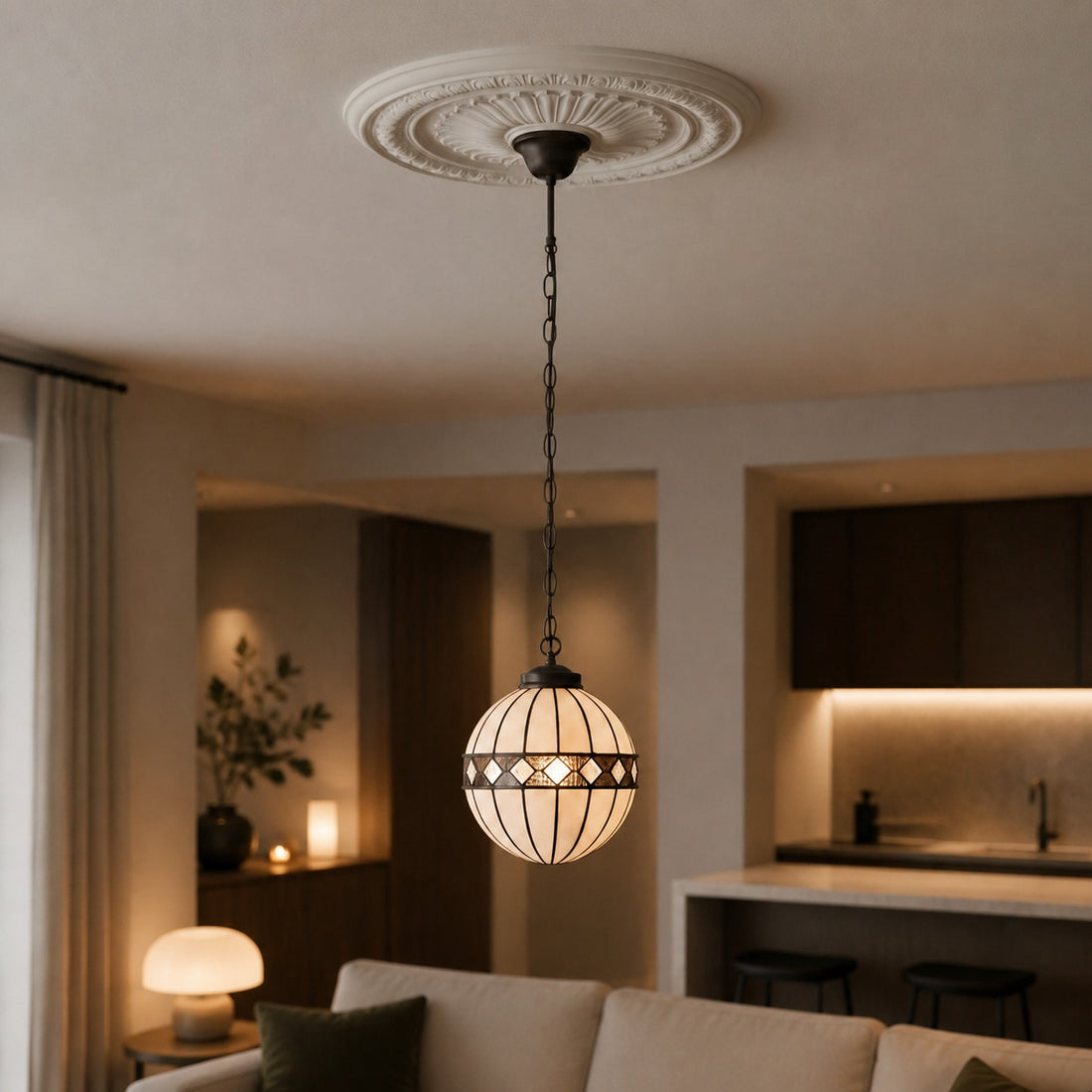 TF Fargo Tiffany Style Globe Pendant – Handcrafted Art Glass Sphere Light for Kitchen Island
