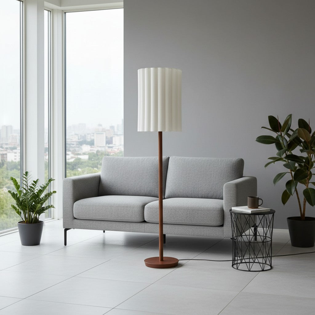 Linbron Walnut Wood Floor Lamp with Fluted Linen Shade – Modern Natural Home Decor
