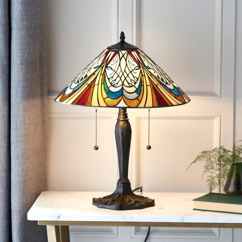 TF Hector Art Nouveau Table Lamp – Stained Glass Shade Decorative Lighting for Living Room or Bedroom