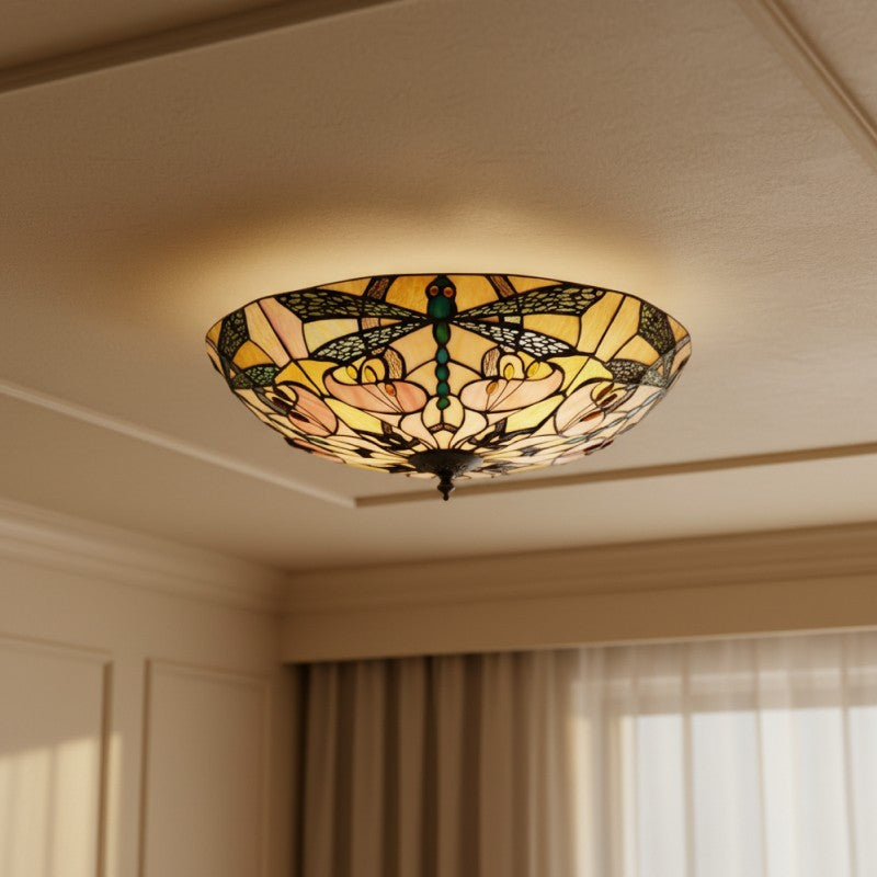 TF Ashton Tiffany Dragonfly Motif Tiffany Glass Flush Surface Mount - Transitional Style for Bedrooms and Lounge Spaces