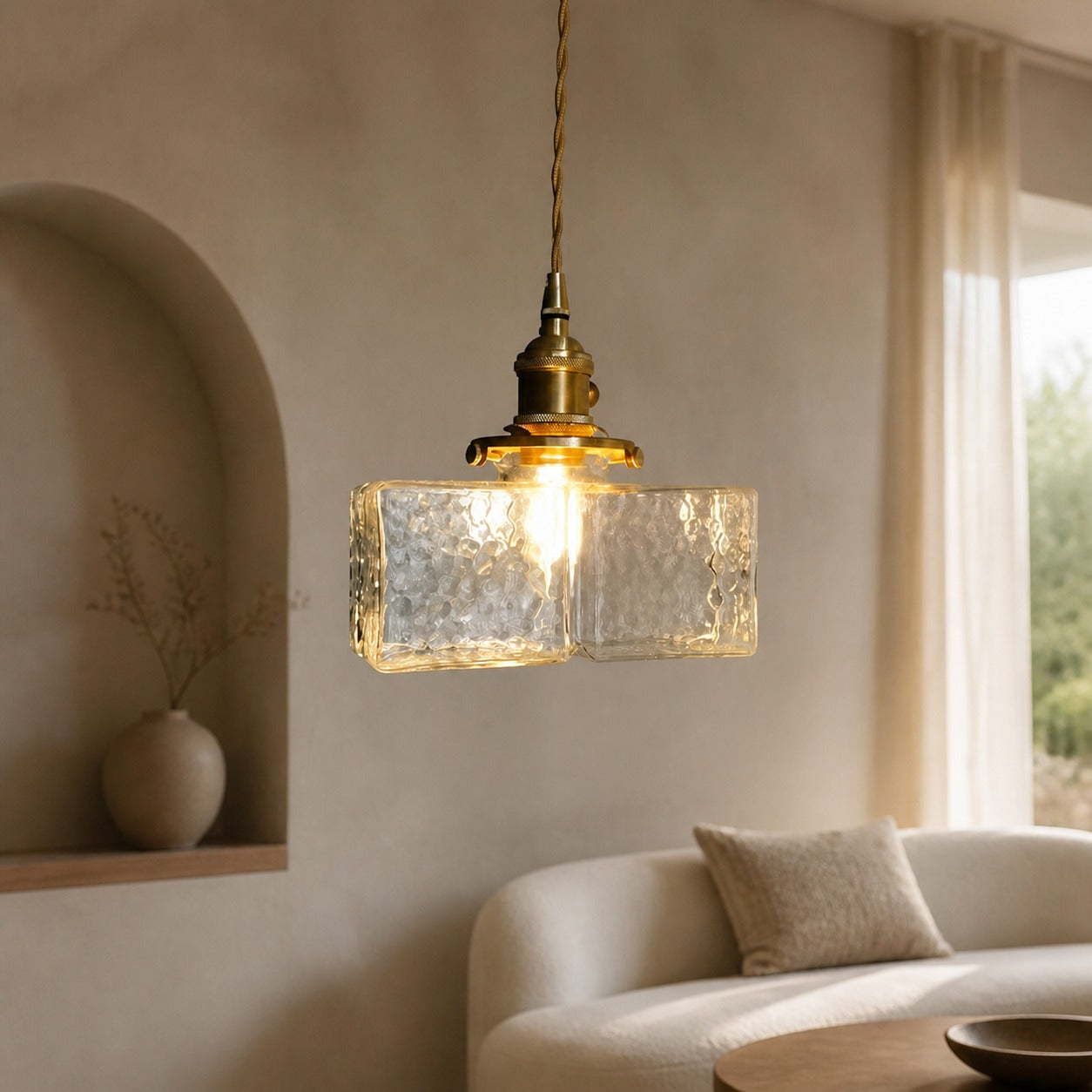 Traditional Vintage Square Rectangle Ripple Glass Iron 1-Light Pendant Light For Living Room