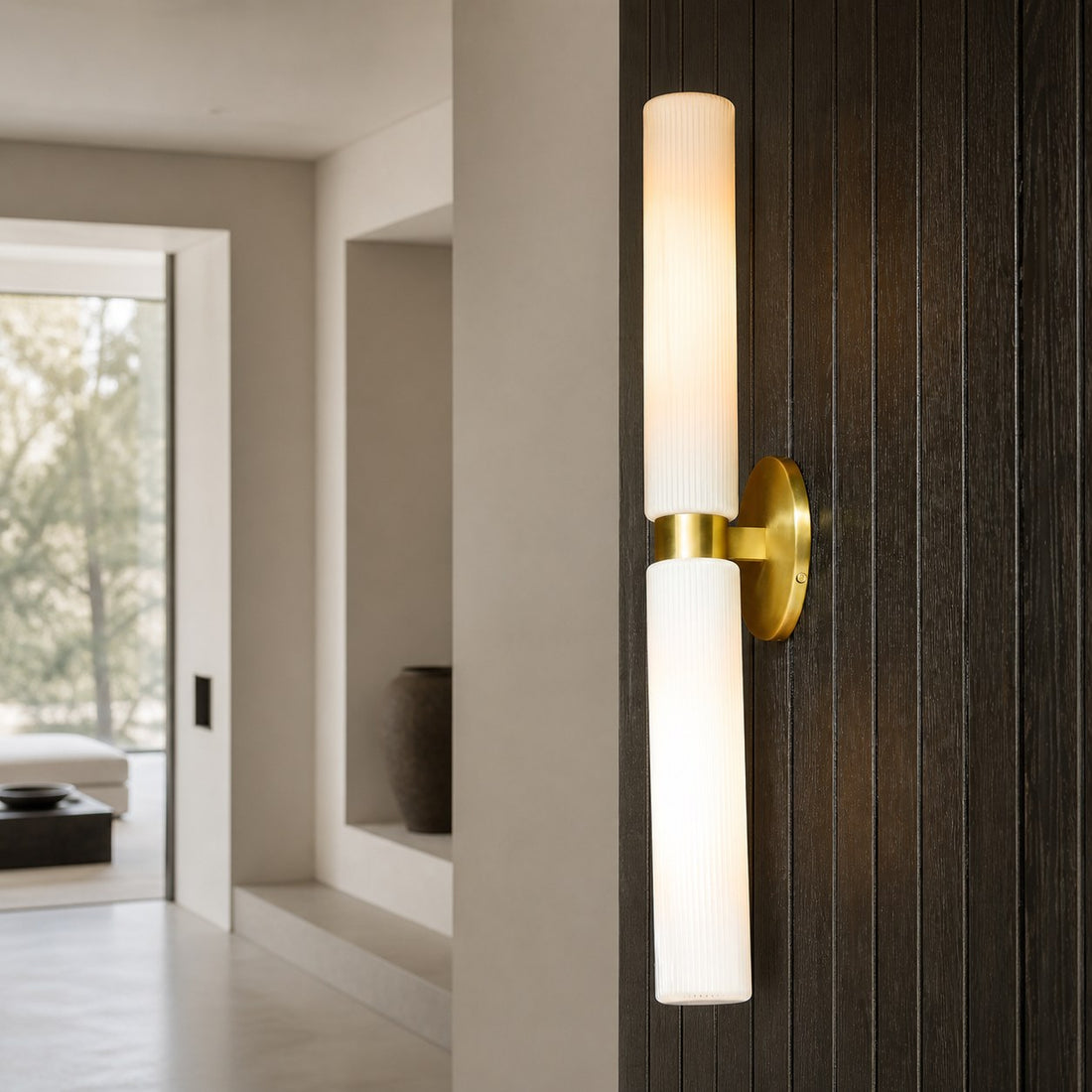 Rivora Modern Fluted Glass Wall Light - Double Short Indoor Outdoor Sconce