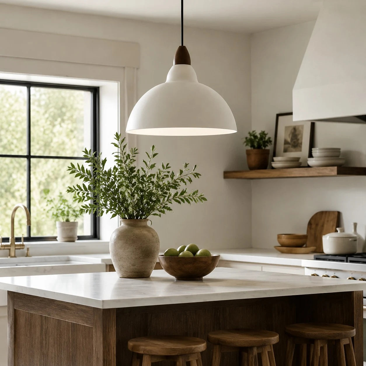 white pendant light installed over a kitchen island