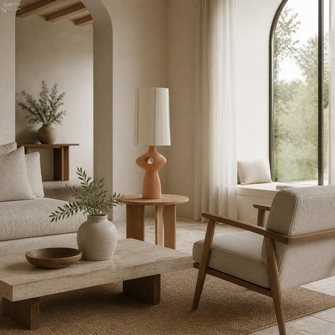 Pryssa Ceramic Table Lamp with Ivory Linen Shade -  Artistic Lighting for Living Room or Bedroom