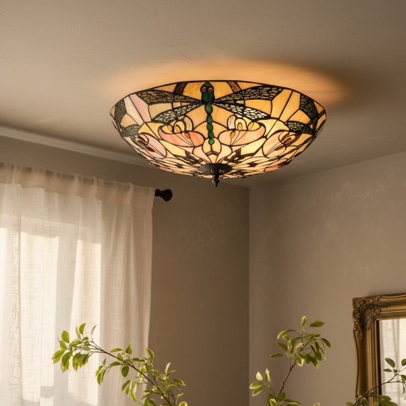 TF Ashton Tiffany Dragonfly Motif Tiffany Glass Flush Surface Mount - Transitional Style for Bedrooms and Lounge Spaces
