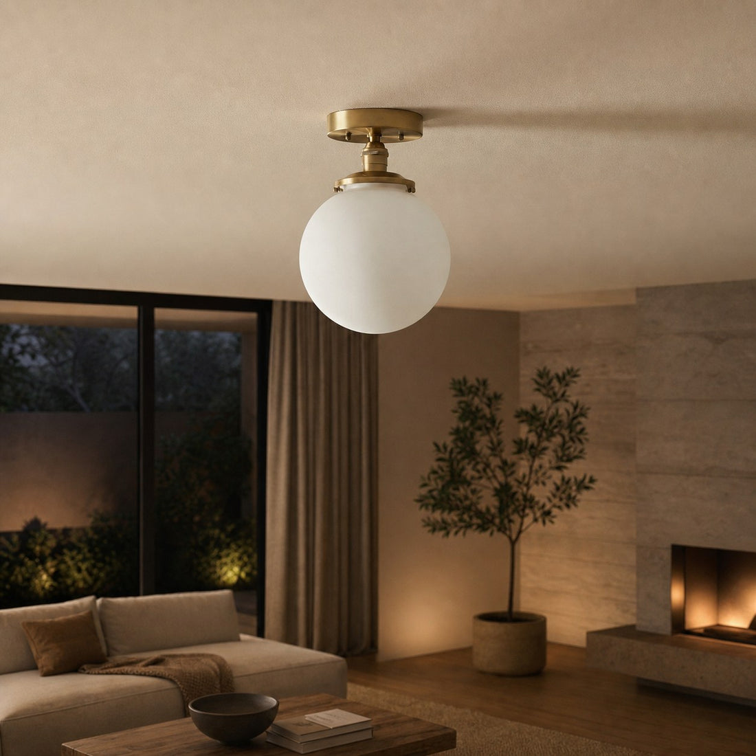 Glorica Glass Mid Century Semi Flush Ceiling Light - White Opal Glass Globe Fixture
