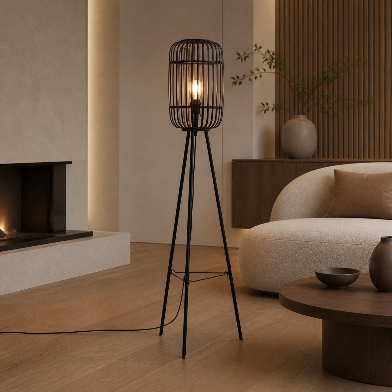 Yumeko Natural Woven Floor Lamp – Modern Scandi Bamboo Shade Standing Lamp for Bedrooms or Living Rooms