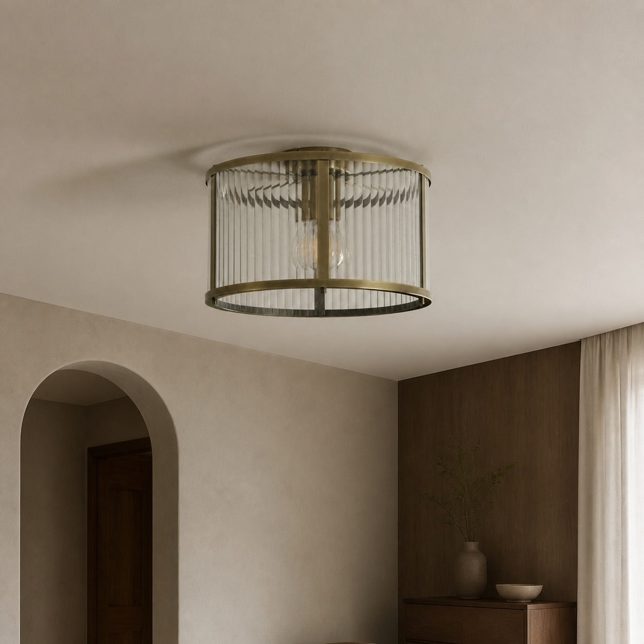 RibGlow Ribbed Glass Flush Ceiling Light – Classic Flush Mount Ceiling Lamp for Living Room or Hallway