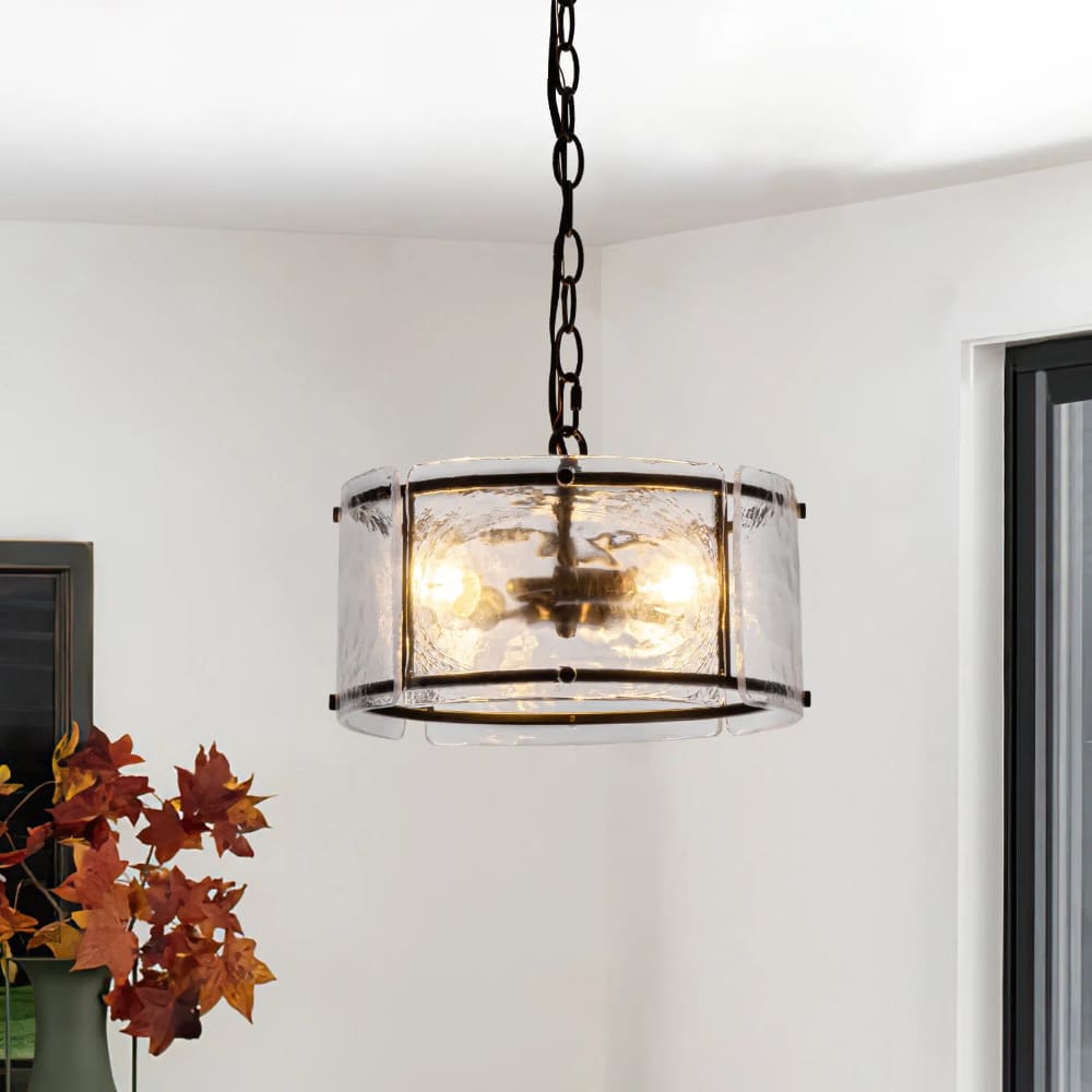 Water Ripple Drum Pendant Light - Matte Black Clear Glass 3-Light Chandelier