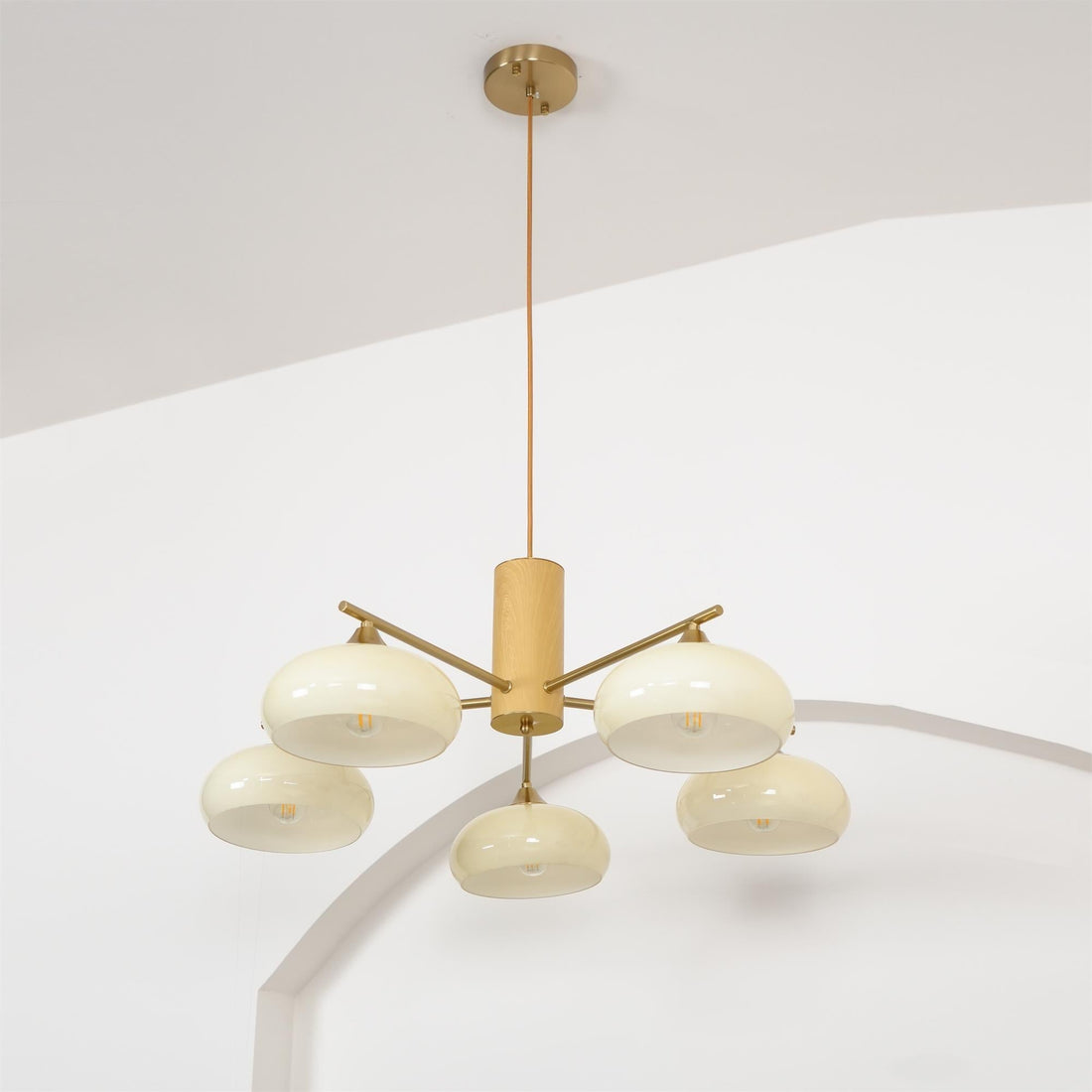 Bowl Shaped Multi - Head Chandelier With Wooden Decoration