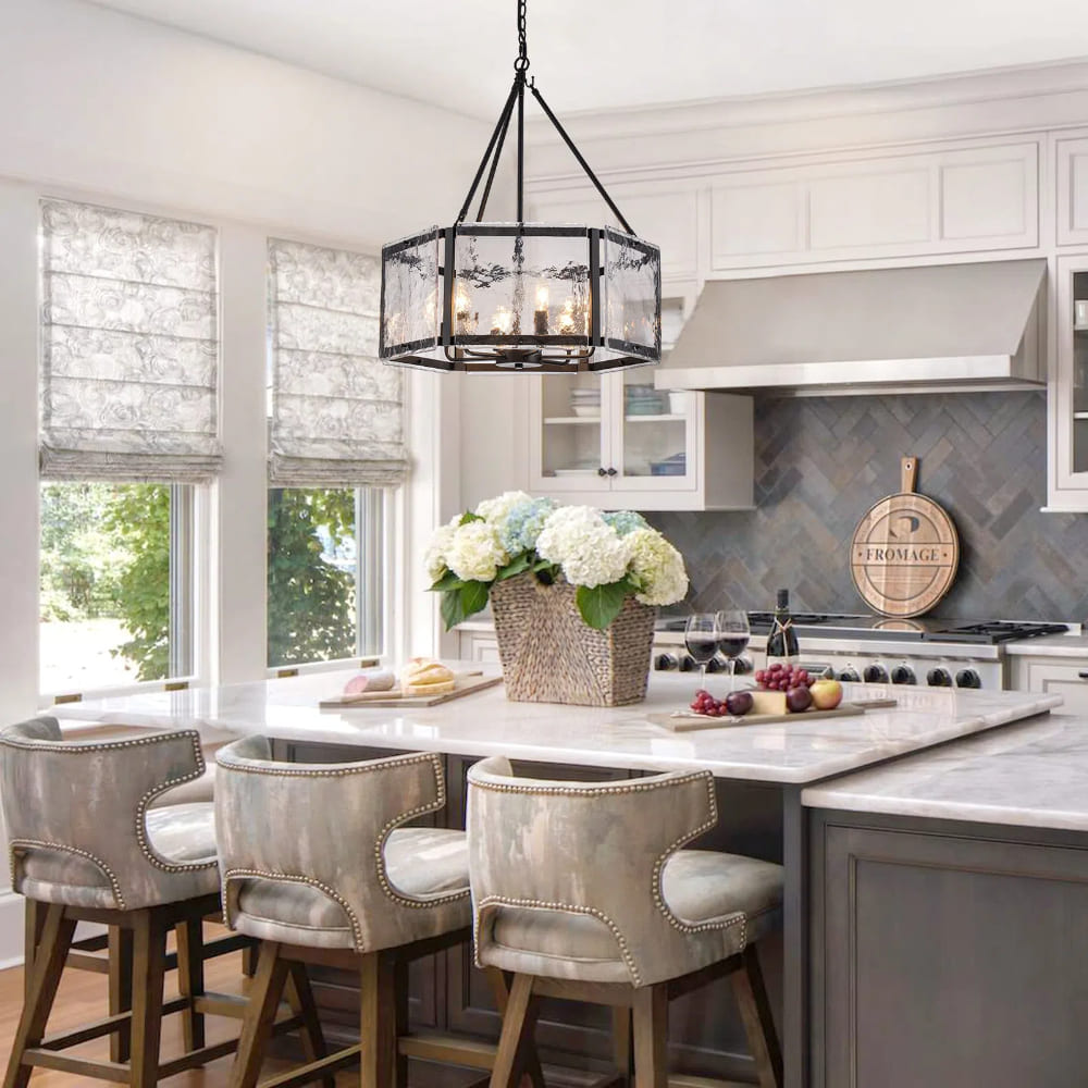 Textured Water Ripple Drum Chandelier - 6-Light Glass Pendant Light