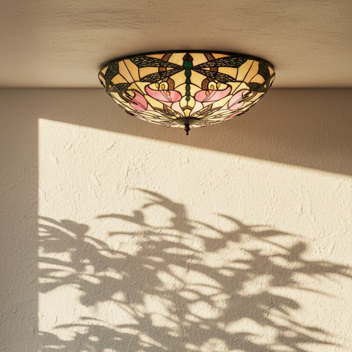 TF Ashton Tiffany Dragonfly Motif Tiffany Glass Flush Surface Mount - Transitional Style for Bedrooms and Lounge Spaces