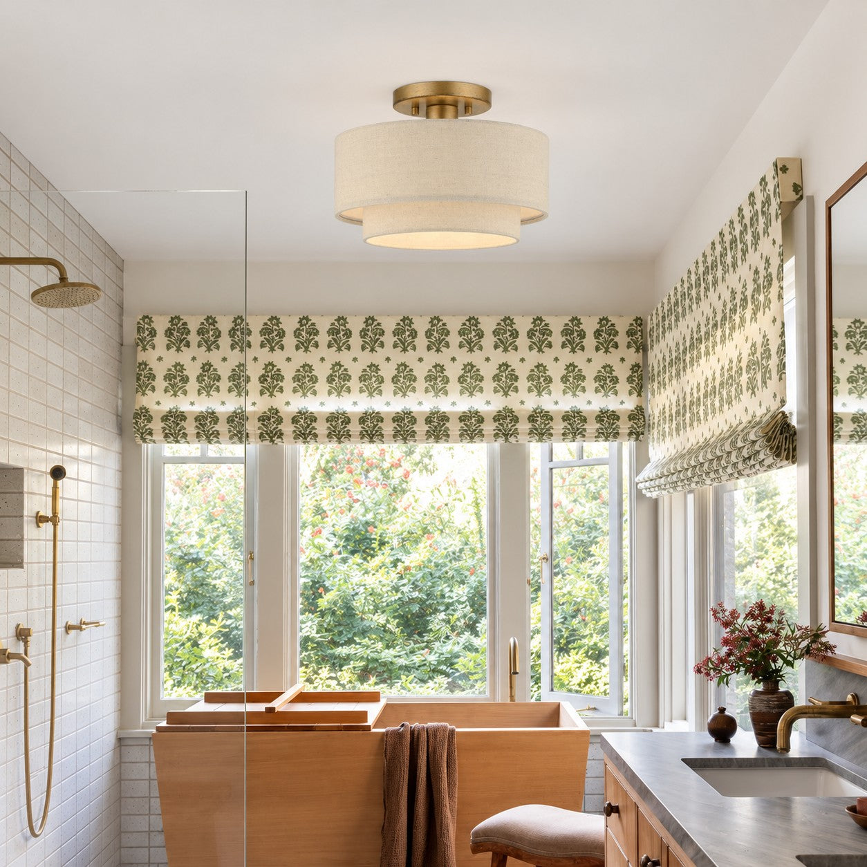 Dumora fabric semi-flush in a bathroom with a garden view