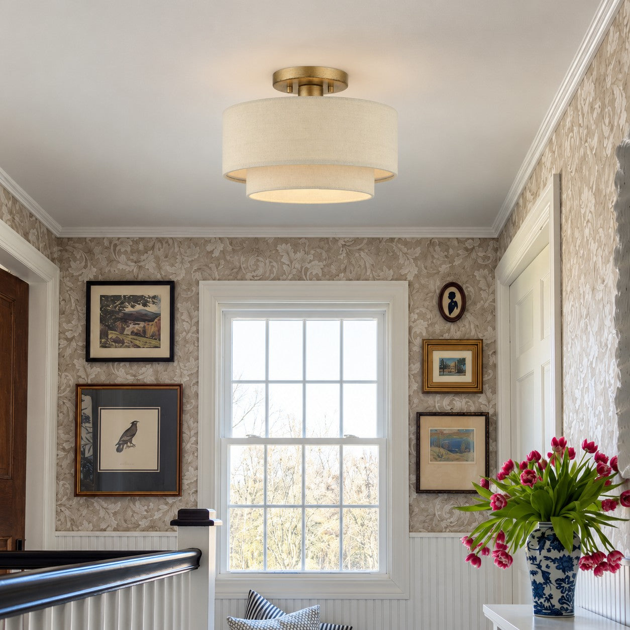 Dumora fabric semi-flush in a wallpapered hallway