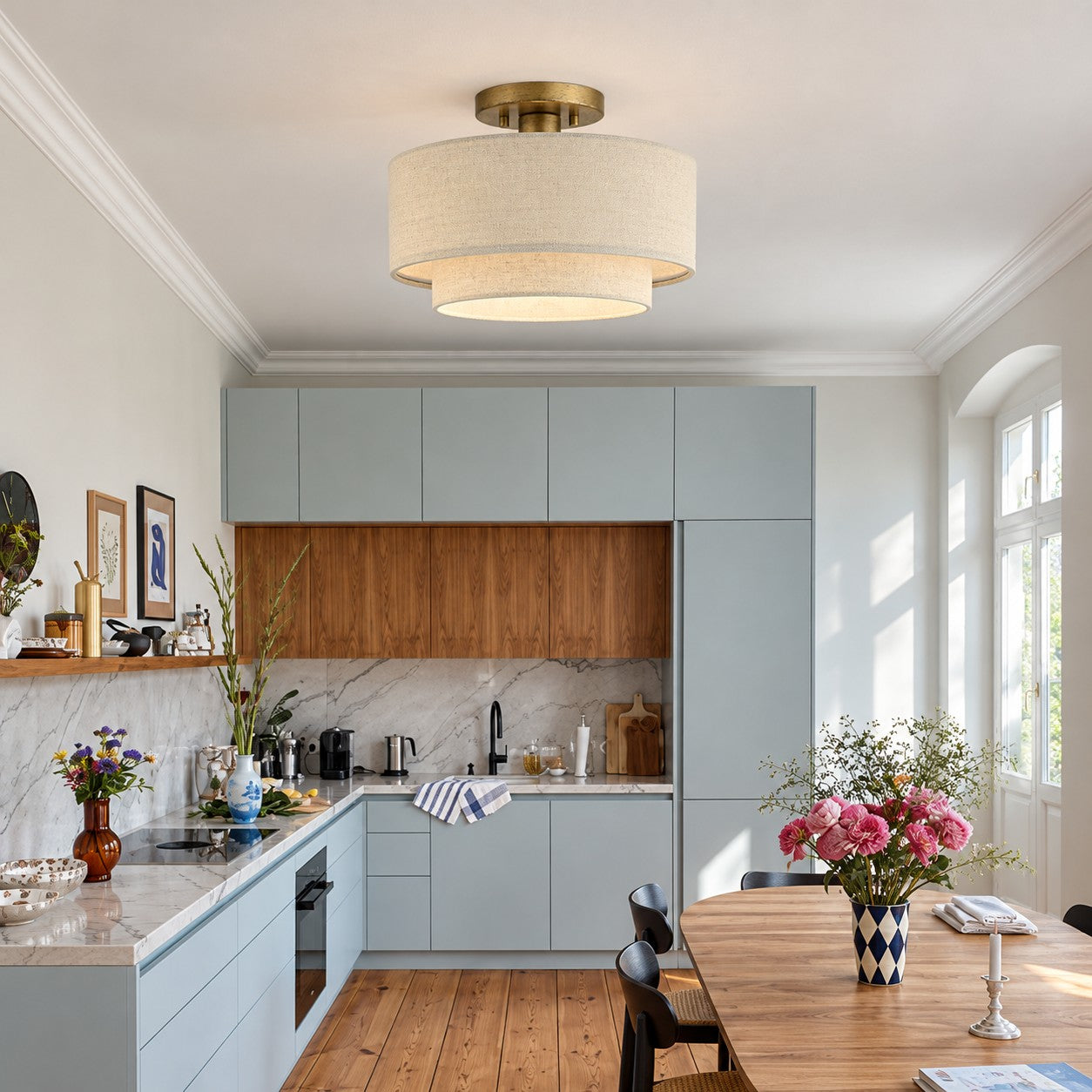 Dumora fabric semi-flush in a light blue kitchen