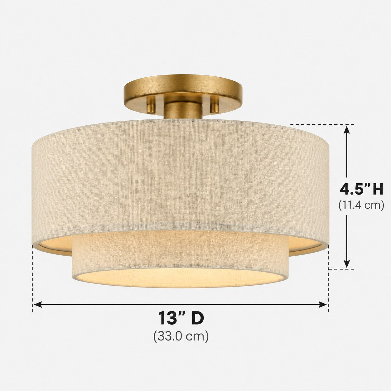 Dumora fabric drum semi-flush dimensions, 13 inches diameter by 4.5 inches high