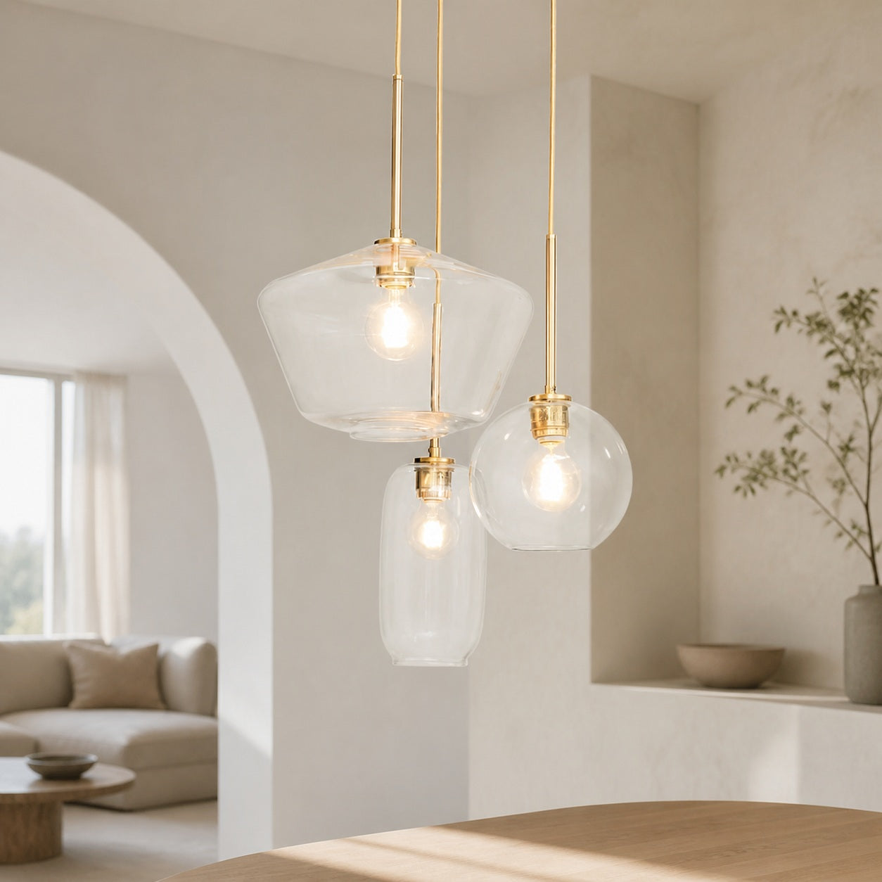 Merin Mixed Sculpture Glass and Metal Triple Chandelier