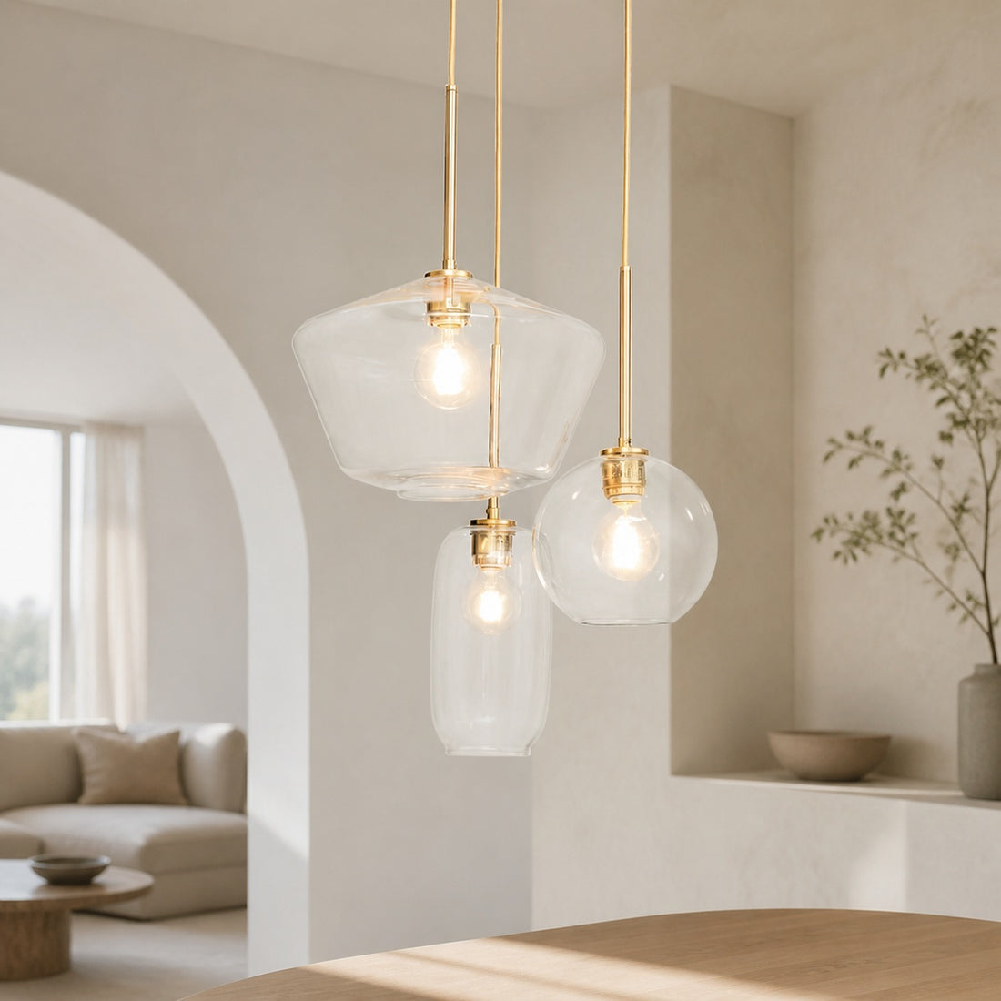 Merin Mixed Sculpture Glass and Metal Triple Chandelier