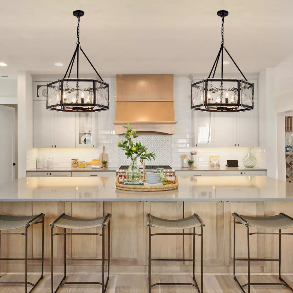 Textured Water Ripple Drum Chandelier - 6-Light Glass Pendant Light