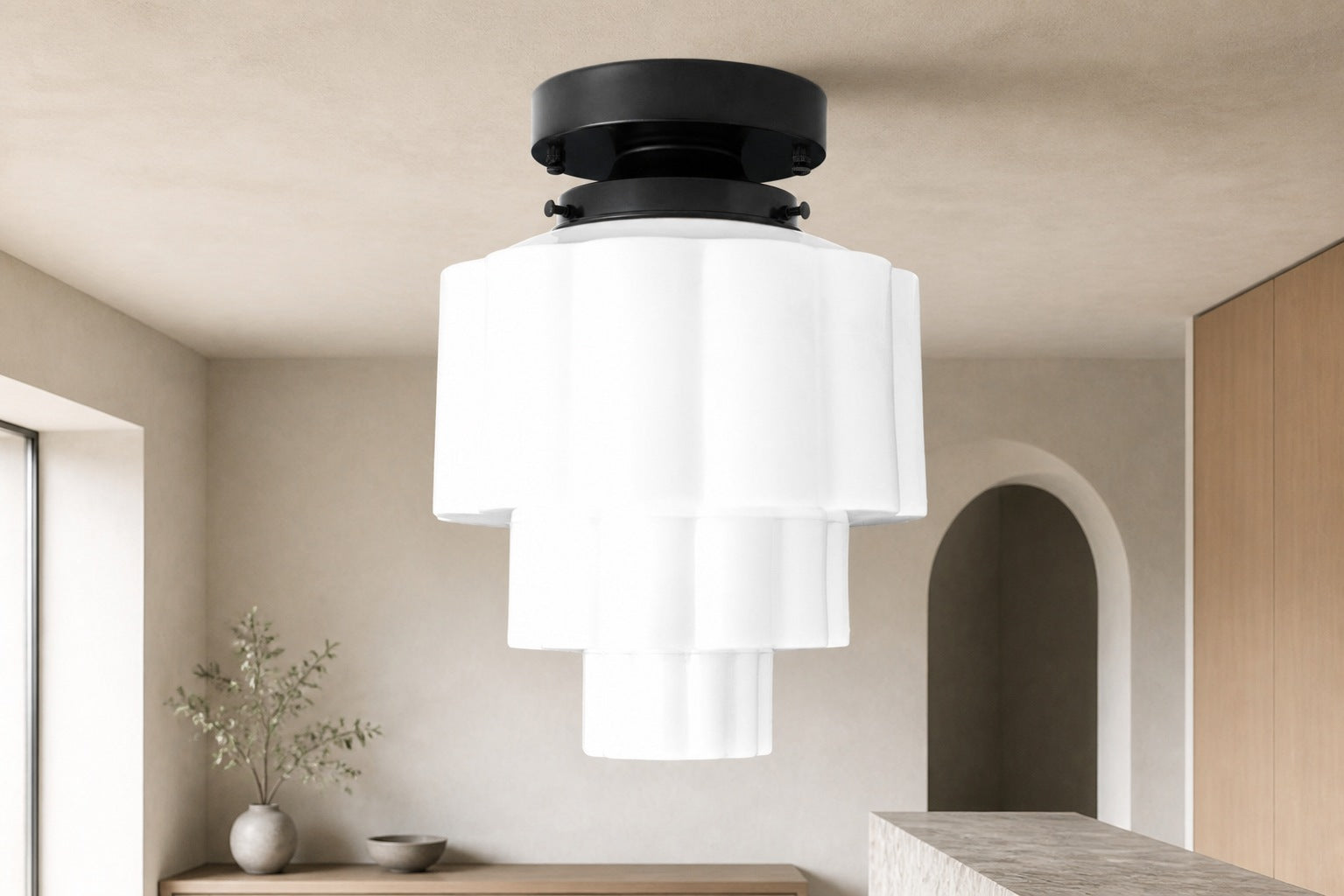 Geotower Glass Brass Ceiling Light – Art Deco Ribbed Globe Flush Mount