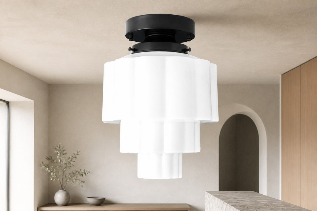 Geotower Glass Brass Ceiling Light – Art Deco Ribbed Globe Flush Mount