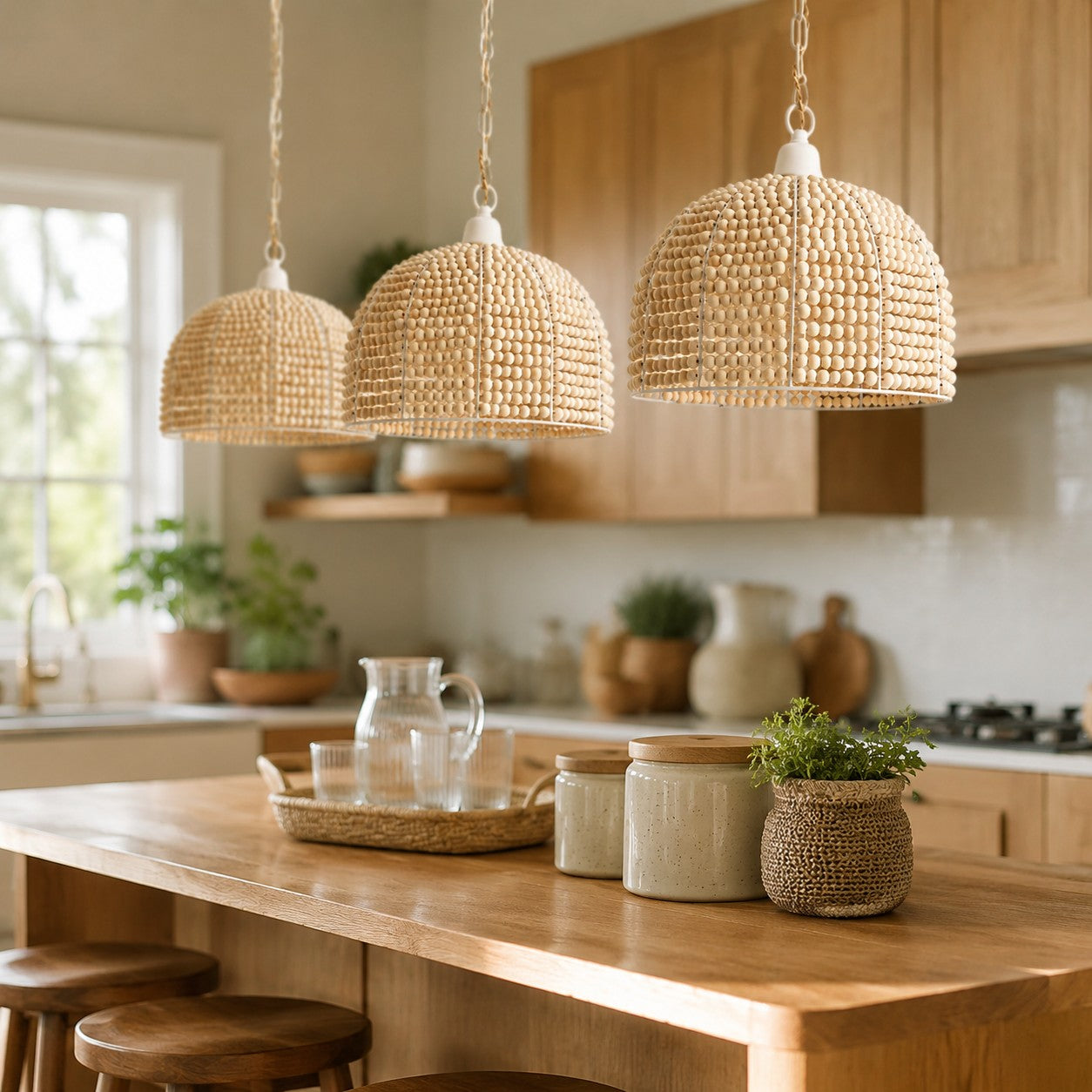 Natural Wood Bead Pendant Light with Wabi-Sabi Dome Shade