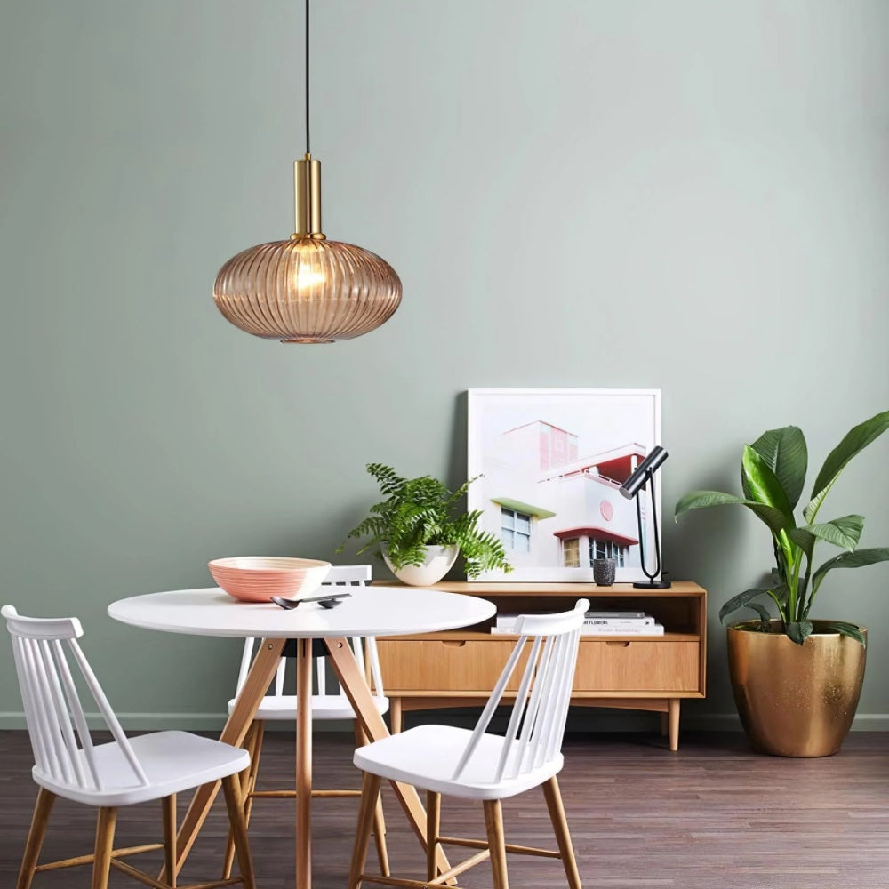 Ribbed Stained Glass Pendant Lamp – Retro Lantern Shape Hanging Light