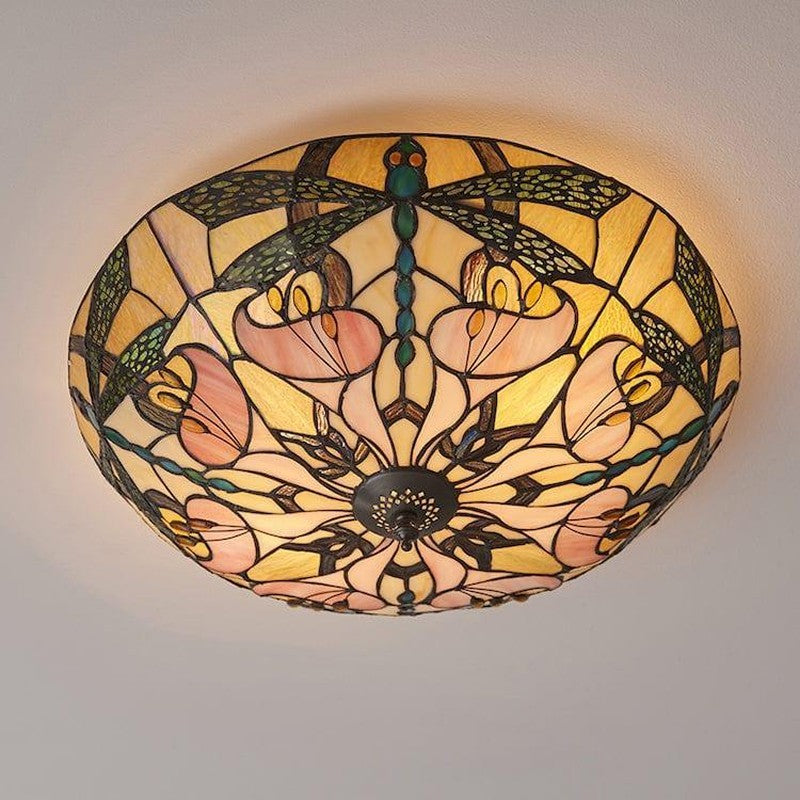 TF Ashton Tiffany Dragonfly Motif Tiffany Glass Flush Surface Mount - Transitional Style for Bedrooms and Lounge Spaces