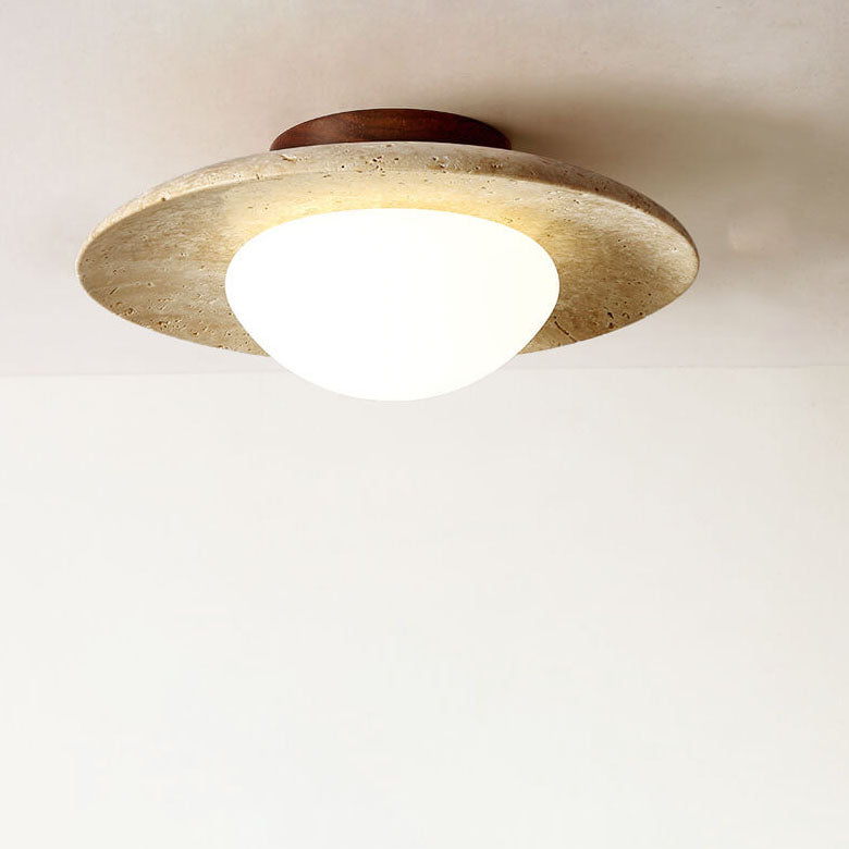 Japanese Minimalist Round Yellow Travertine Shade 1-Light Semi-Flush Mount Ceiling Light