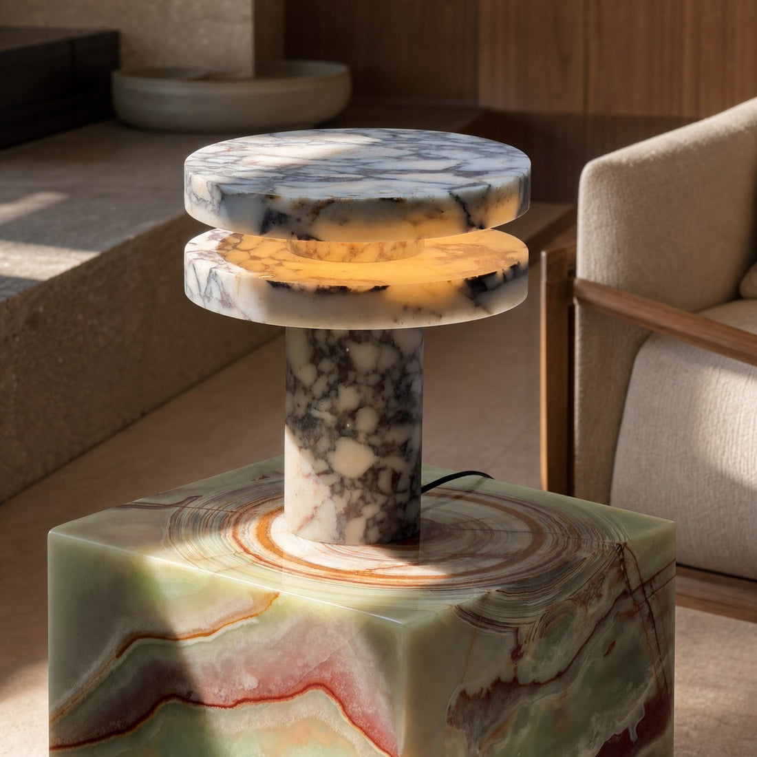 Modern Sculptural Table Lamp with Cylindrical Base Design for Bedroom Bedside and Living Room Use