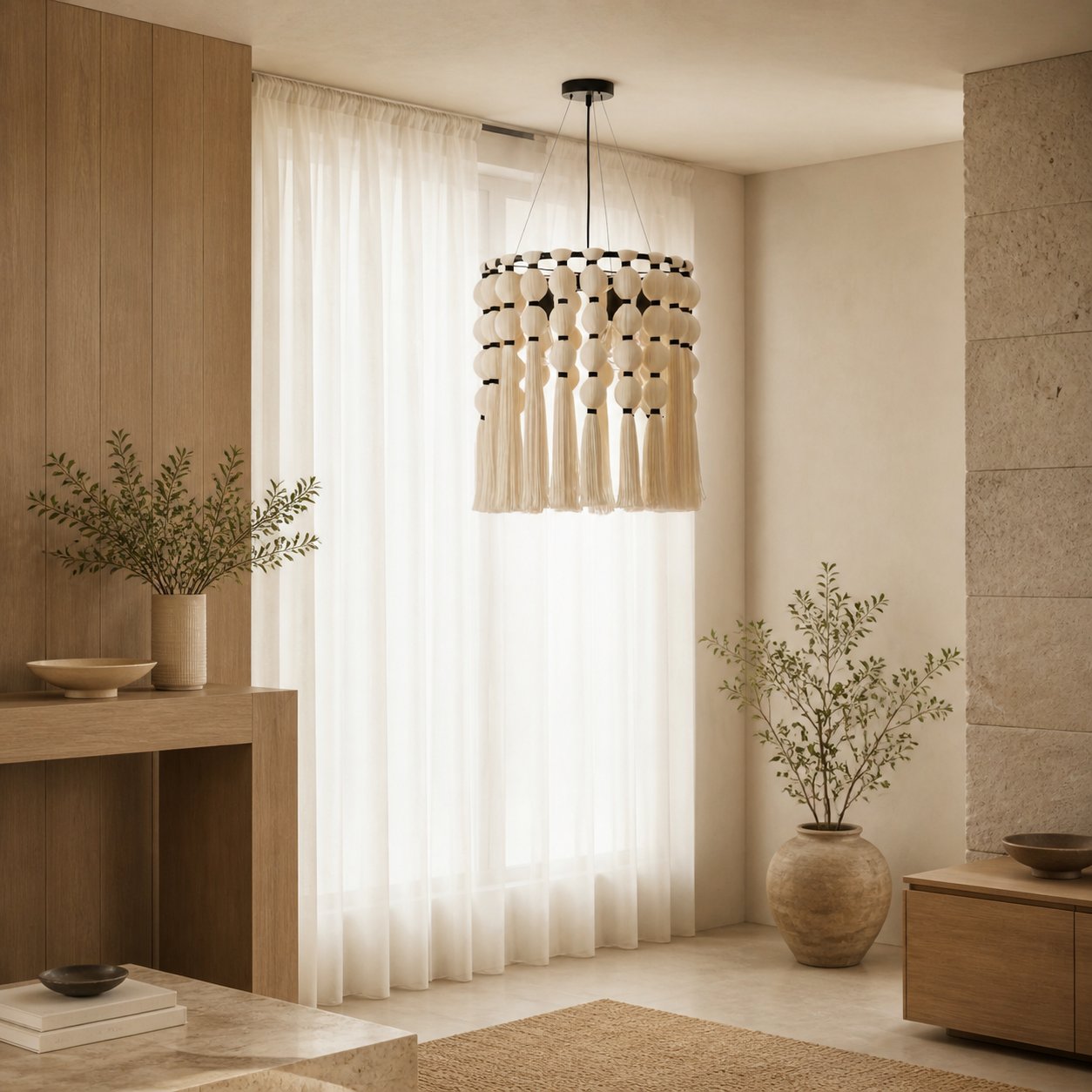 Modulune Modern Elegant Handmade Chandelier with White Cotton Fringe for Living Room