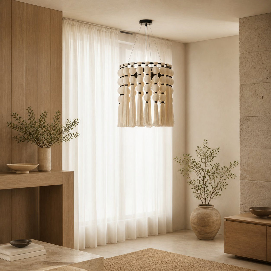 Modulune Modern Elegant Handmade Chandelier with White Cotton Fringe for Living Room