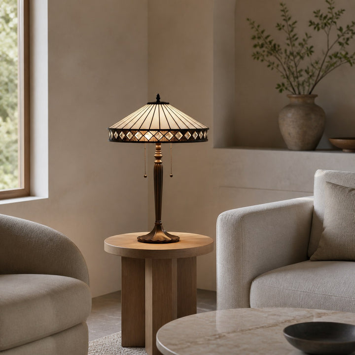 TF Fargo Geometric Tiffany Style Lamp — Amber and Cream Glass Accent Lighting for Bedroom or Study