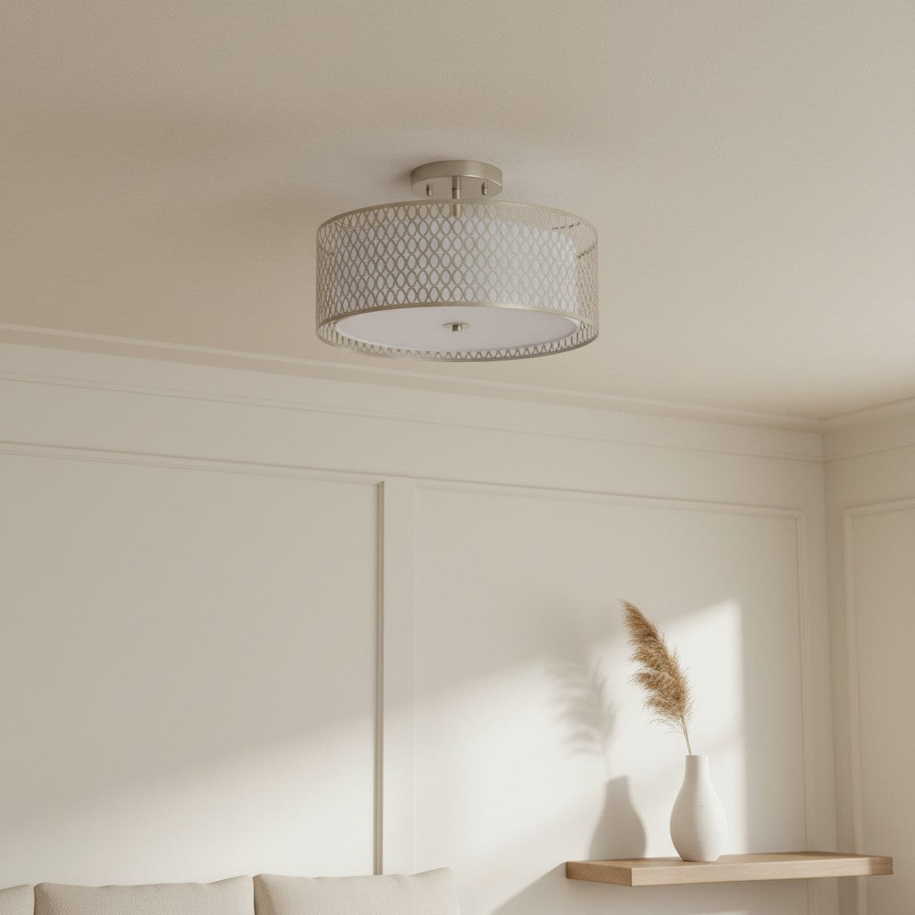 Liorin Geometric Mesh 3‑Light Flush Ceiling Light - Mesh Metal Frosted Glass Lamp for Living Room or Hallway