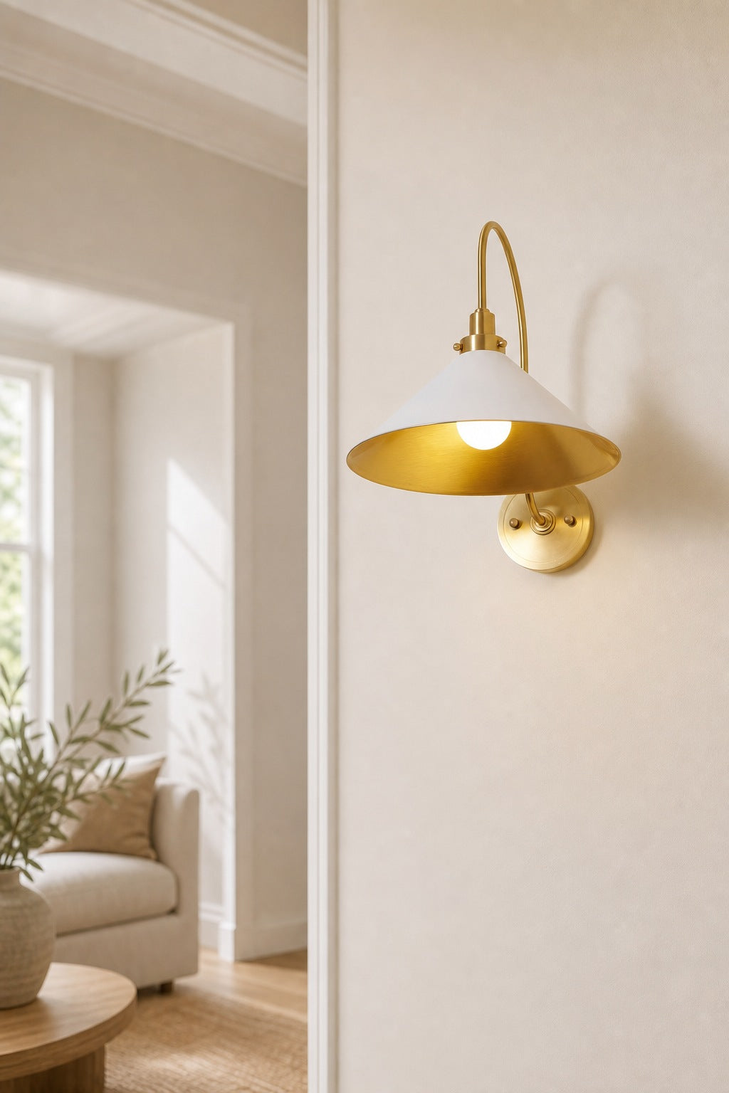 Ivoran Brass Gooseneck Wall Sconce - Curved Arm Dome Shade Light for Bedroom and Hallway