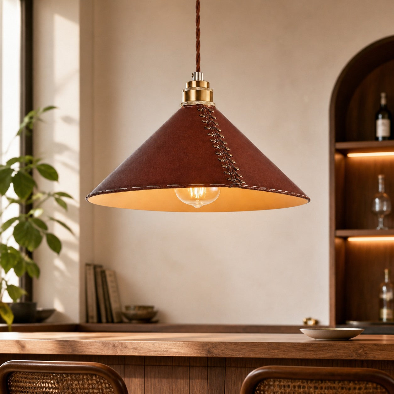Riveted Conical Leather American Vintage Pendant Lamp for Dining Room and Kitchen