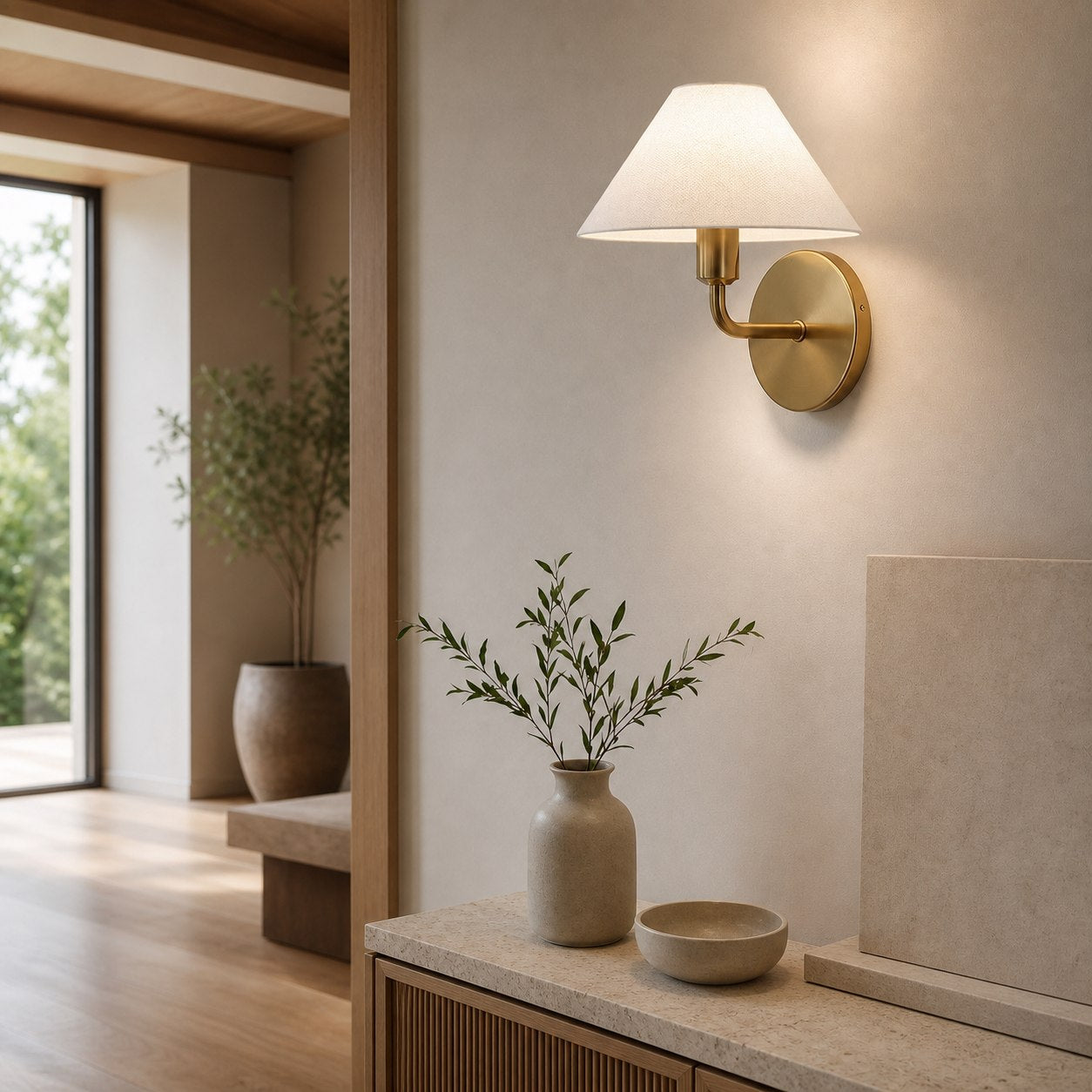 Gilda Fabric Drum Shade Wall Sconce - Modern Brass Accent Light for Bedroom and Hallway