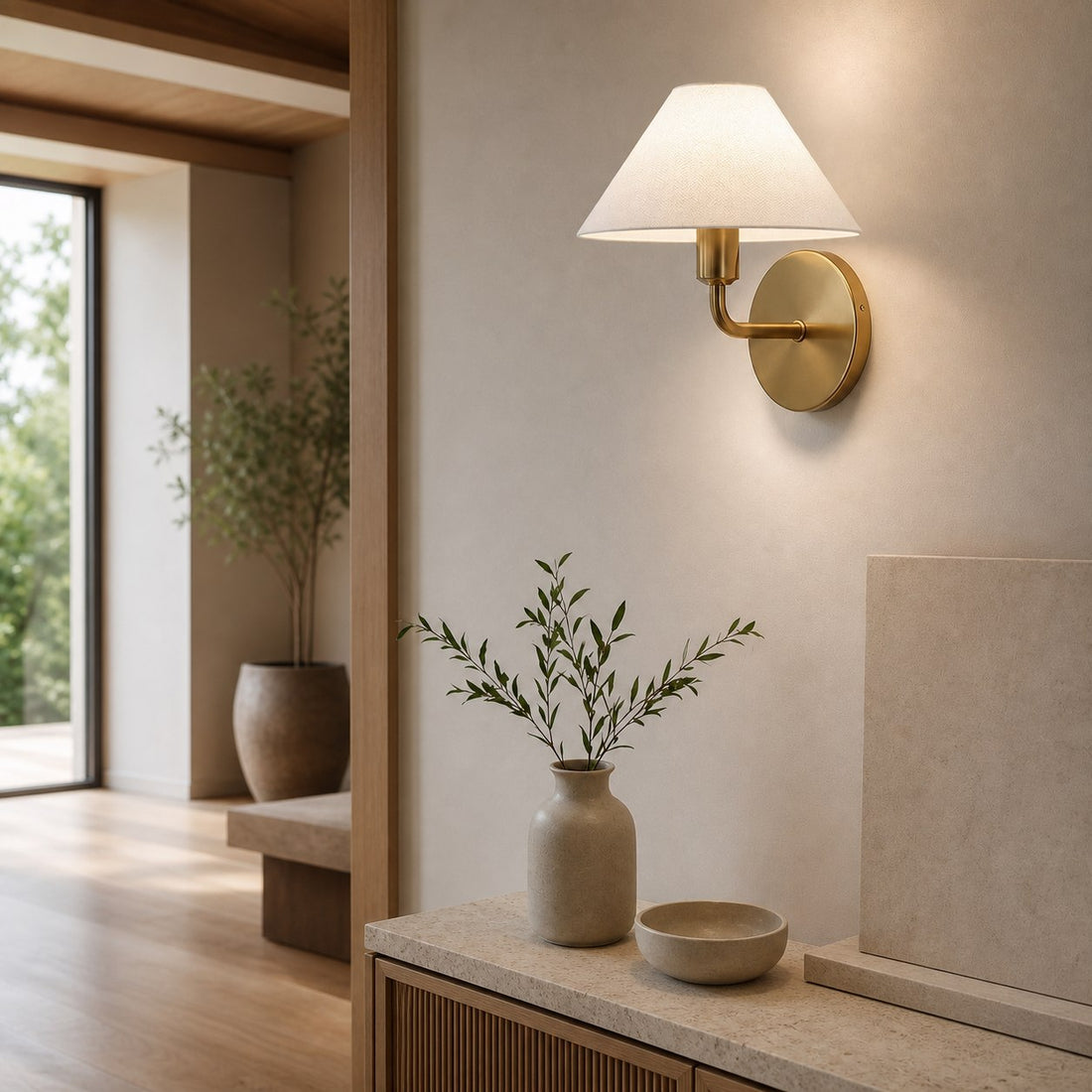 Gilda Fabric Drum Shade Wall Sconce - Modern Brass Accent Light for Bedroom and Hallway