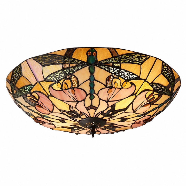 TF Ashton Tiffany Dragonfly Motif Tiffany Glass Flush Surface Mount - Transitional Style for Bedrooms and Lounge Spaces