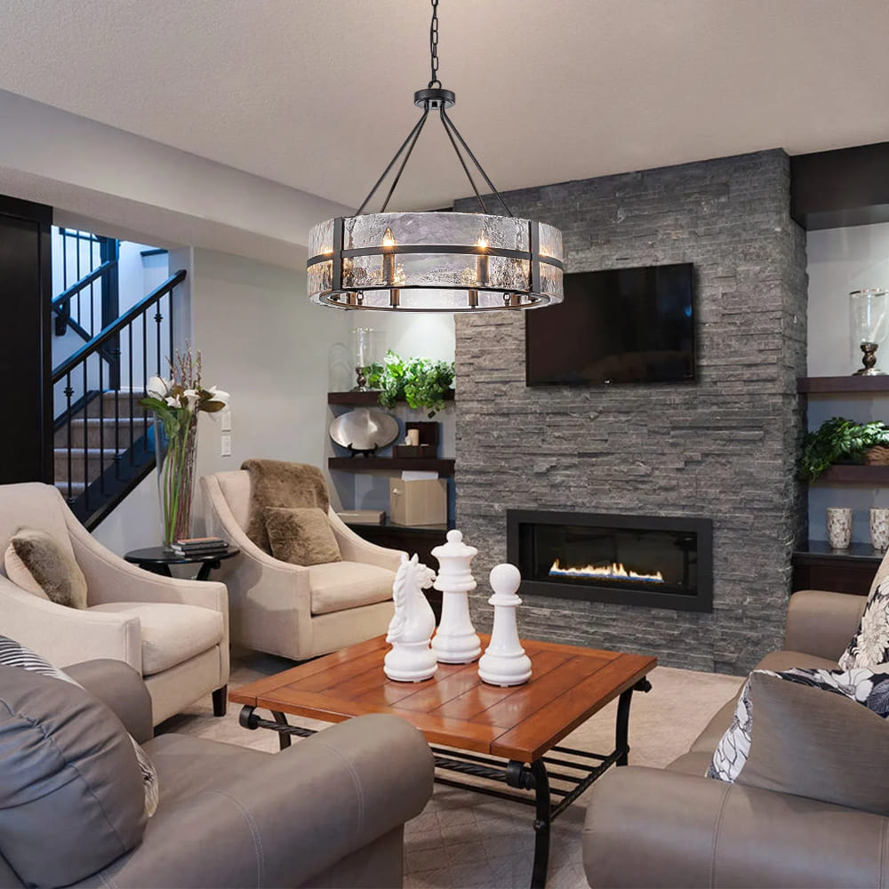 Modern Wide Drum Pendant Lamp – Clear Glass Chandelier For Living Room