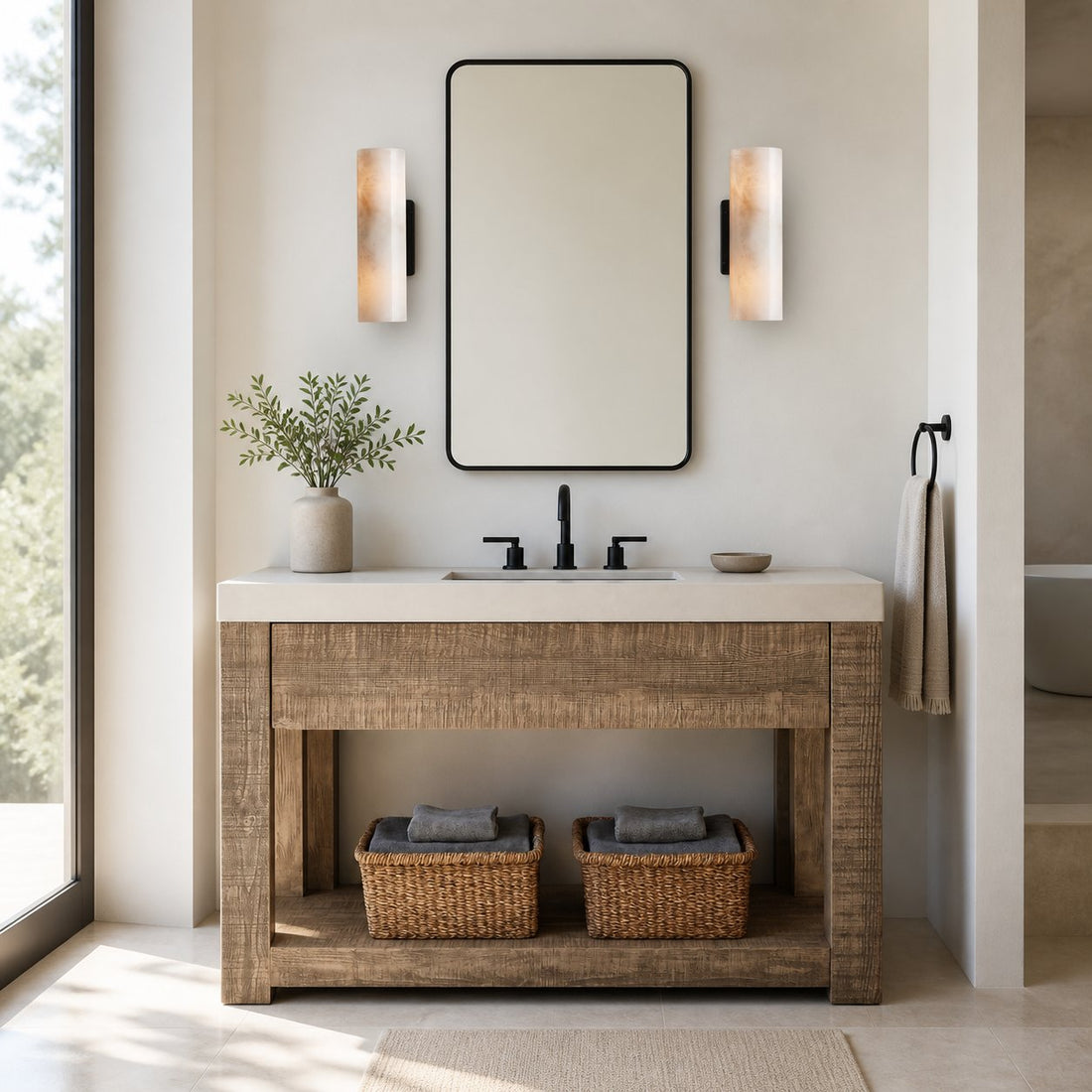 Wolvina Natural Marble Tube Sconce with Sleek Metal Details