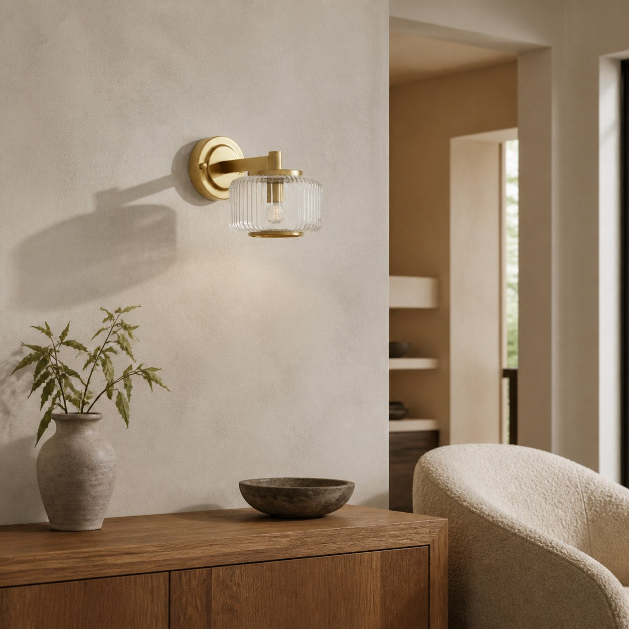 Canovus Ribbed Glass Shade Wall Lamp - Elegant Brass Sconce for Living Room Lighting